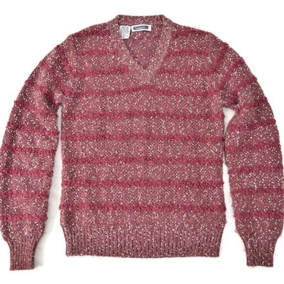 Vintage Mariea Kim Texture Multi-Knit Womens Sweaters Pink White Wool Stripe M - Picture 1 of 9